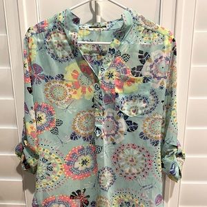 Teal blouse with colorful pattern blouse